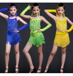 Royal blue neon green yellow sequins rhinestones backless fringes girls kids baby children stage performance latin salsa dance dresses outfits costumes